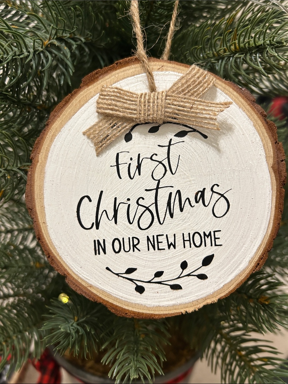 First Christmas In Our New Home Wood Slice Ornament - White and Brown